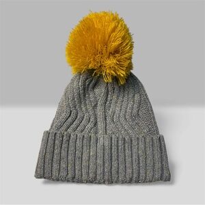 No Boundaries Grey Knit Yellow Pom-pom Beanie Hat Womens Cuffed Winter Hat